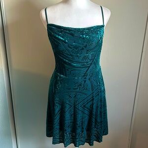 Urban Outfitters Strappy Back Cowl Neck A-Line Teal Velvet Burnout Mini Dress